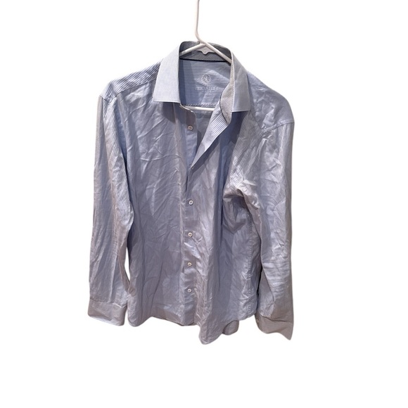 Bugatchi Men's blue and white horizontal pinstripes collared shirt - Picture 1 of 11